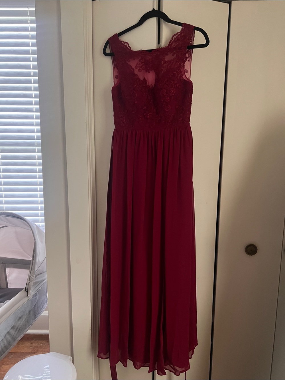 Azazie Burgundy Lace Bodice Chiffon Maxi Dress